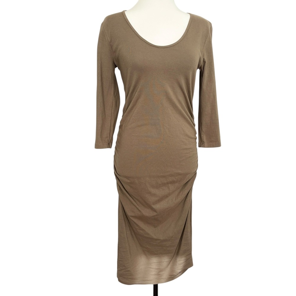 Michael Stars Ruched Midi Shirt Dress Taupe Long Sleeve Scoop Neck Fitted Medium